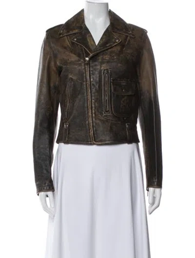 Pre-owned Ralph Lauren Calf Leather Biker Jacket In Brown