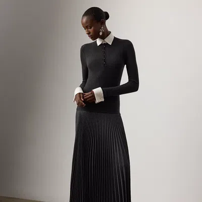 Ralph Lauren Callie Pleated Wool Flannel Day Dress In Gray