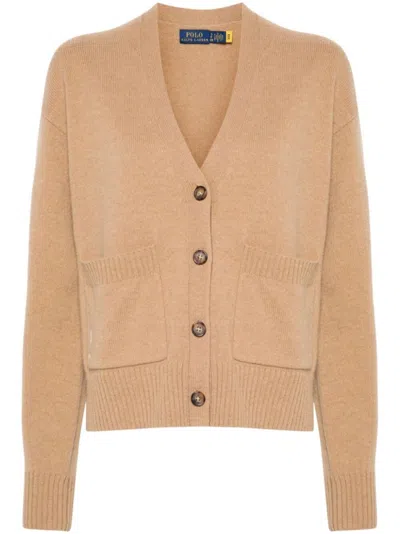 Ralph Lauren Camel Wool Blend Cardigan In Brown