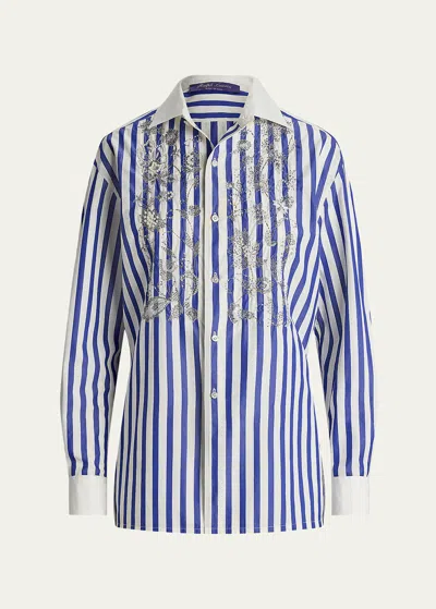 Ralph Lauren Capri Umbrella Striped Embroidered Button-front Shirt In Wht/blu