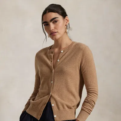 Polo Ralph Lauren Cashmere Crewneck Cardigan In Collection Camel Melange In Brown