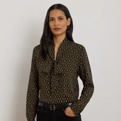 Ralph Lauren Chain-print Crepe Tie-neck Blouse In Brown