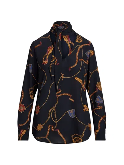 Ralph Lauren Chain-print Tie-neck Blouse In Black
