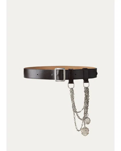 Ralph Lauren Chain-trim Washed Leather Wide Belt In Black