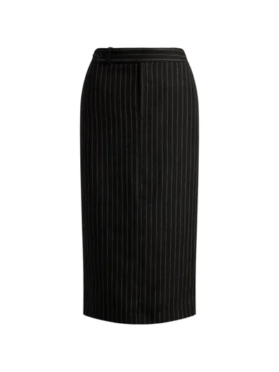 Ralph Lauren Chalk-stripe Linen Midi Skirt In Black
