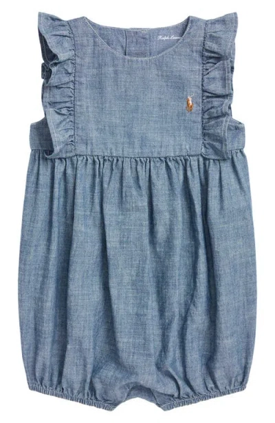 Ralph Lauren Babies'  Chambray Ruffle Bubble Romper In Blue