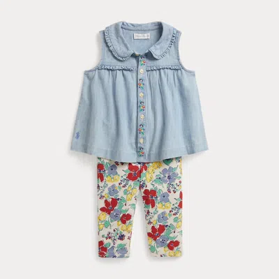 Ralph Lauren Babies'  Chambray Top & Floral Jersey Legging In Multi