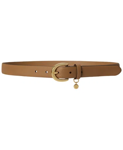 Ralph Lauren Charm Crosshatch Leather Belt In Camel,polished Brass