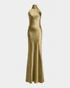 Ralph Lauren Chilton Halter Stretch Satin Evening Dress In Gold