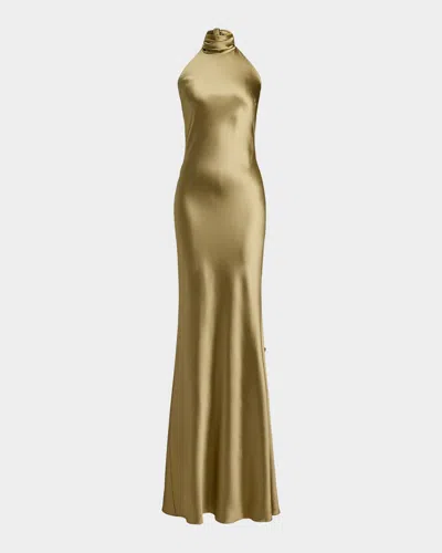Ralph Lauren Chilton Halter Stretch Satin Evening Dress In Gold