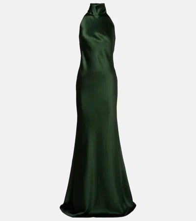 Ralph Lauren Chilton Halterneck Open-back Satin Gown In Green