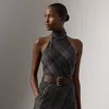 Ralph Lauren Chilton Fringed Scarf-detailed Checked Wool Turtleneck Tank In Gray