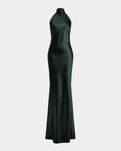 Ralph Lauren Chilton Stretch Satin Halter Evening Dress In Green