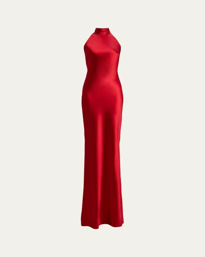 Ralph Lauren Chilton Stretch Satin Evening Dress In Bright Red