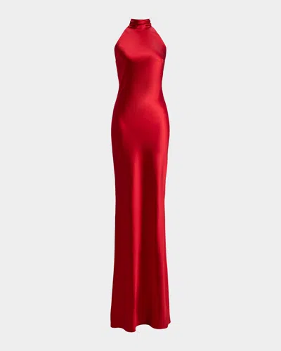 Ralph Lauren Chilton Stretch Satin Evening Dress In Bright Red