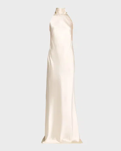 Ralph Lauren Chilton Stretch Satin Sleeveless Halter Gown In Neutral