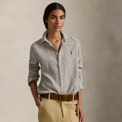 Polo Ralph Lauren Classic Fit Striped Linen Shirt In Dark Brown/white In Gray