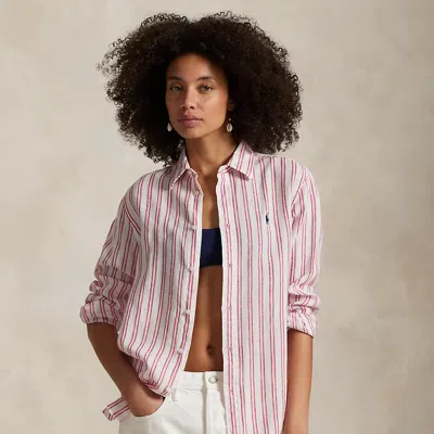 Ralph Lauren Classic Fit Striped Linen Shirt In White/red