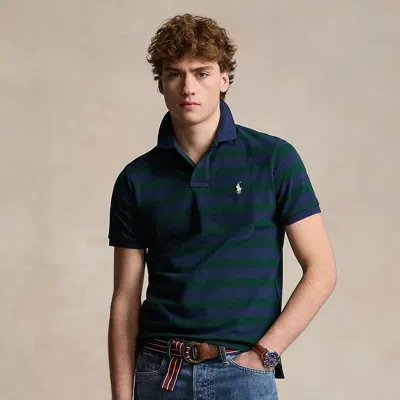 Ralph Lauren Classic Fit Striped Mesh Polo Shirt In Moss Agate/navy