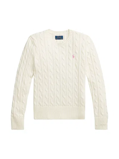 Ralph Lauren Classic Long Sleeve Crew Neck Sweater With Button Fastening At The Shoulder For Girls In White