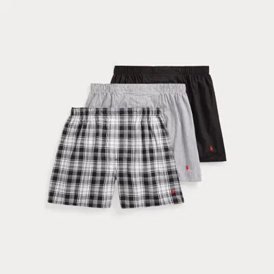 Ralph Lauren Classic Woven Cotton Boxer 3-pack In Grey Plaid/black
