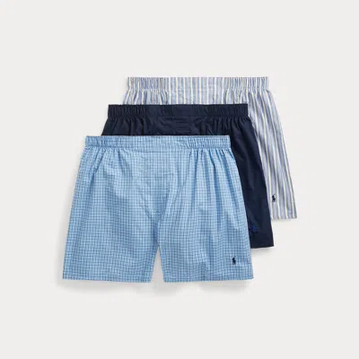 Ralph Lauren Classic Woven Cotton Boxer 3-pack In Navy Stripe/muller Plaid In Blue