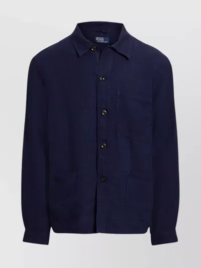 Ralph Lauren Collared Long Sleeve Jacket Featuring Pockets In Blue