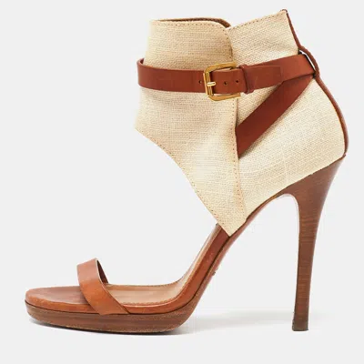 Pre-owned Ralph Lauren Collection Beige/brown Canvas And Leather Platform Ankle Strap Sandals Size 37.5