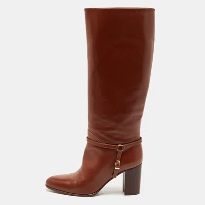 Pre-owned Ralph Lauren Collection Brown Leather Buckle Detail Knee Length Boots Size 39.5