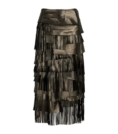 Ralph Lauren Collection Metallic Leather Belinda Fringe Skirt In Brown
