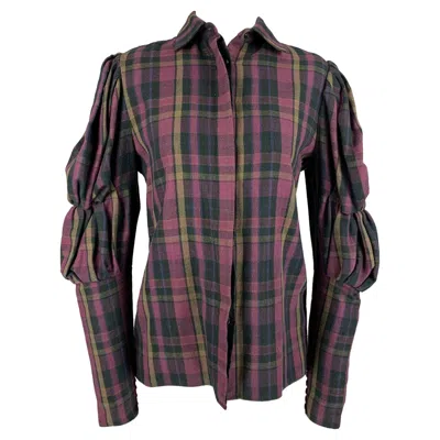 Pre-owned Ralph Lauren Collection Size 4 Purple & Taupe Plaid Cotton Blouse