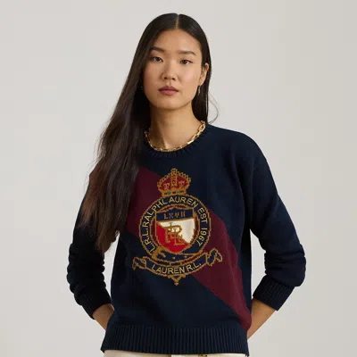 Ralph Lauren Color-blocked Crest Cotton Sweater In Blue