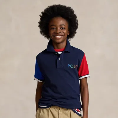 Ralph Lauren Kids' Colour-blocked Ombre-logo Mesh Polo Shirt In Blue