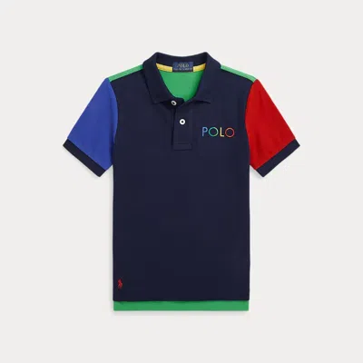 Ralph Lauren Kids' Color-blocked Ombre-logo Mesh Polo Shirt In Blue