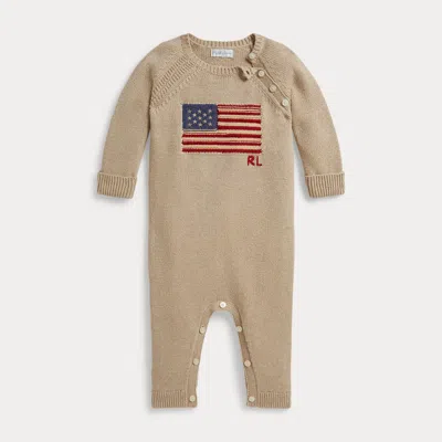 Ralph Lauren Babies' Contrast-trim Flag Cotton Coverall In Oatmeal Multi In Brown