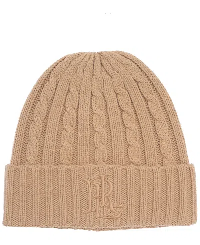 Ralph Lauren Core Cable Logo Beanie In Birch Tan