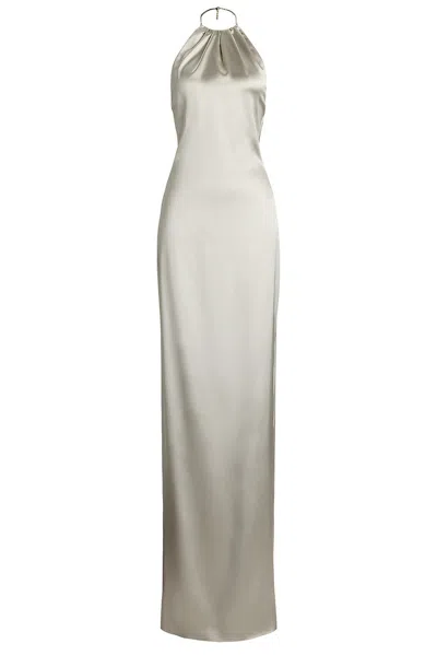 Ralph Lauren Corra Lux Stretch Satin Sleeveless Halter Gown In Gray