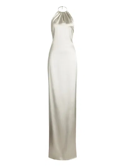 Ralph Lauren Corra Halterneck Satin Gown In Gray
