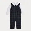 Ralph Lauren Cotton Bodysuit & Plaid Overall Set In Blue