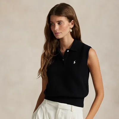 Ralph Lauren Cotton Cropped Sleeveless Polo Sweater In Black
