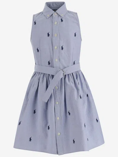 Ralph Lauren Kids' Cotton Dress With All-over Logo In Light Blue