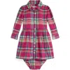 Ralph Lauren Cotton Plaid Shirtdress & Bloomers Set In Pink