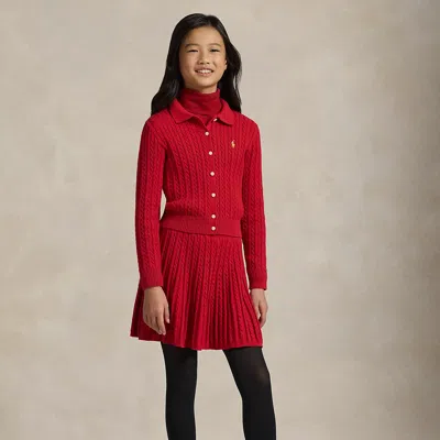 Ralph Lauren Kids' Cotton Polo Cardigan & Skirt Set In Red/gold In Multi