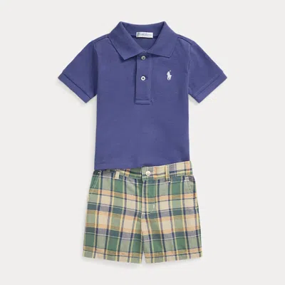 Ralph Lauren Babies'  Cotton Polo Shirt & Madras Short Set In Blue