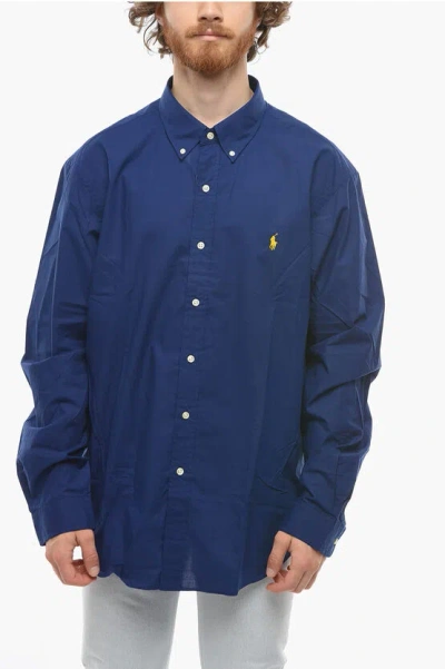 Ralph Lauren Cotton-poplin Slim-fitting Shirt With Embroidered Logo In Blue