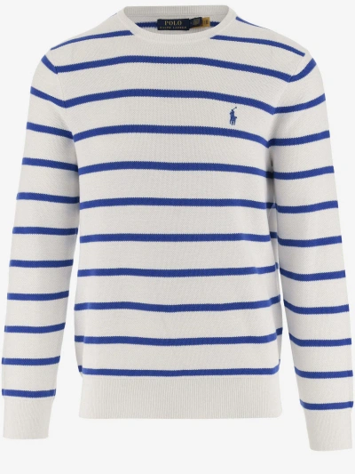 Ralph Lauren Cotton Pullover With Striped Pattern And Logo In Deckwash White Combo