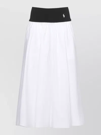 Ralph Lauren Cotton Skirt Midi Length Contrast Waistband In White
