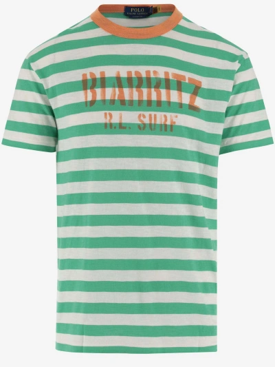 Ralph Lauren Cotton T-shirt With Striped Pattern And Logo In Summer Emerald Multi