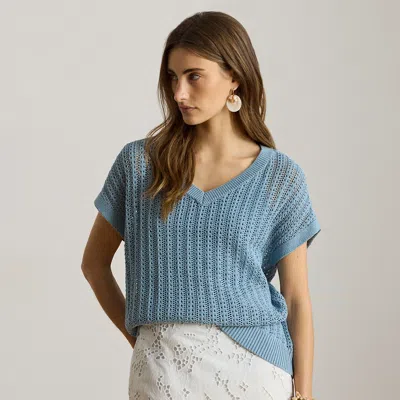 Ralph Lauren Cotton-blend Mesh Short-sleeve Sweater In Blue Note In Multi