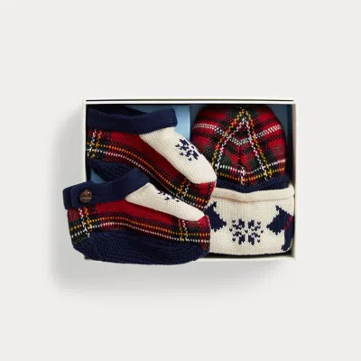Ralph Lauren Babies' Cotton-wool Earflap Hat & Bootie In Refined Navy Multi In Blue